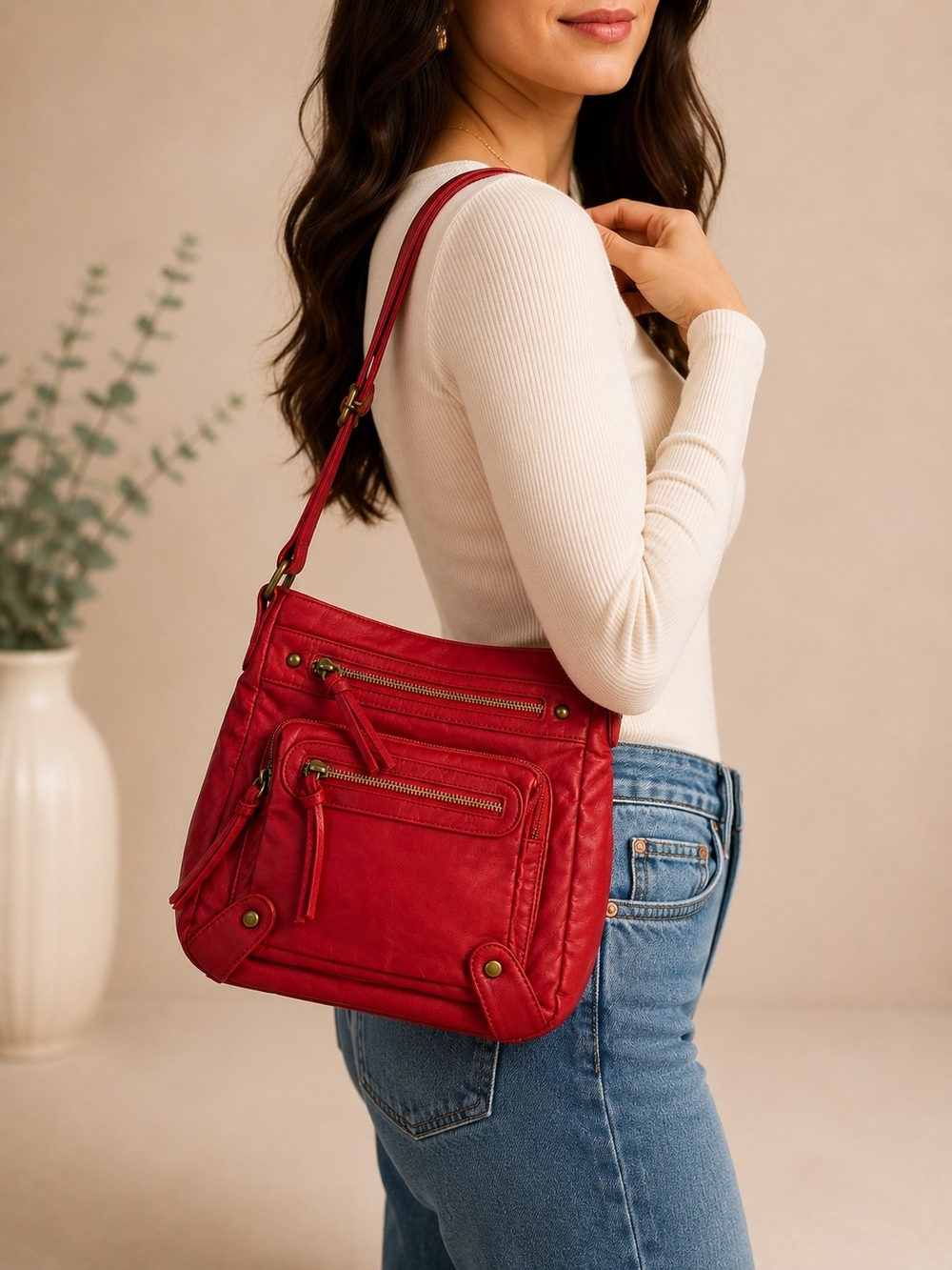 Scarleton Red Crossbody Shoulder Bag | Adjustable Strap | Multi-Pocket Purse